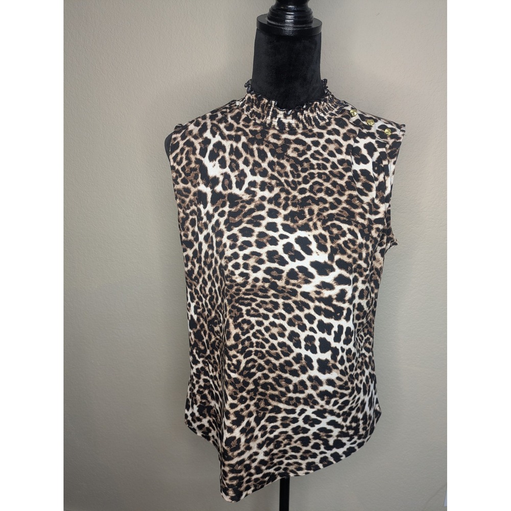 Adrienne Vittadini Womens Leopard Print Smocked Mock Neck Sleeveless Top Brown M